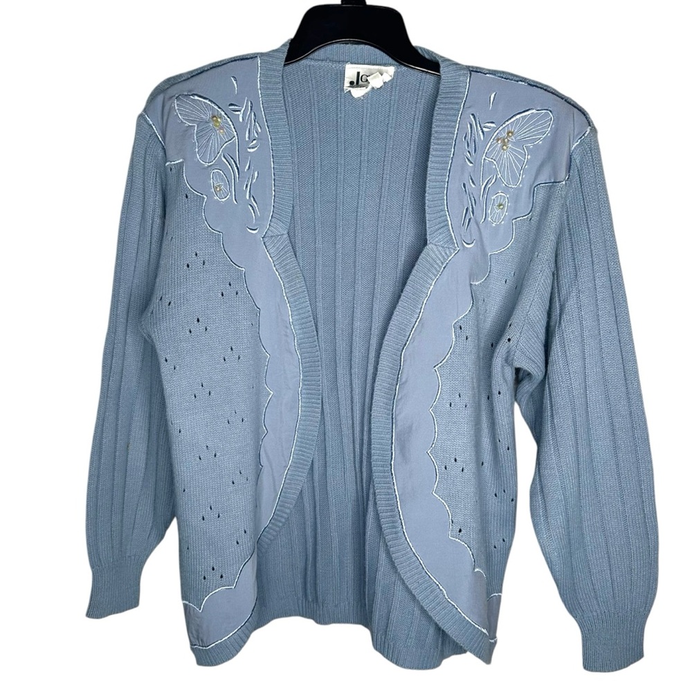 Vintage Joyce Cardigan Size M Blue Open Front Embroidered Butterfly Cottagecore
